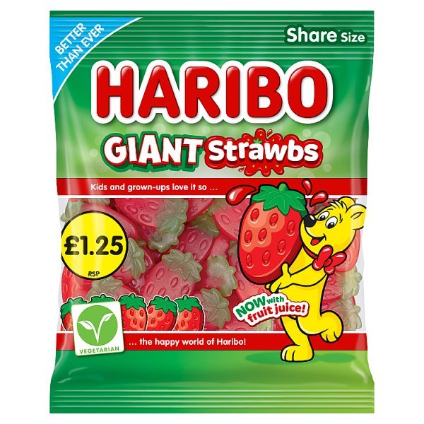 HARIBO Giant Strawbs Strawberry Flavour Chewy Jelly Sweets Sharing Bag 140g (12 x 140g) - Honesty Sales