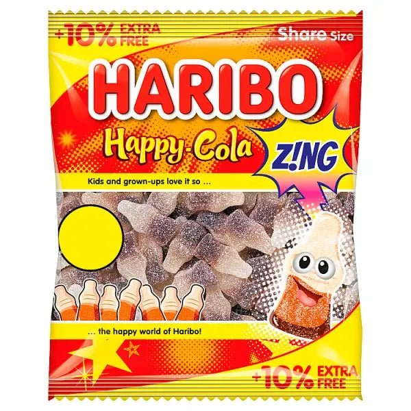 HARIBO Happy Cola Zing Fizzy & Jelly Sweets Sharing Bag 154g (Case of 12) - Honesty Sales
