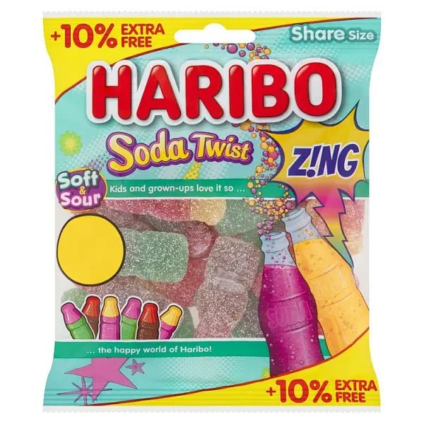HARIBO Soda Twist Zing Fizzy jelly Sweets Sharing Bag 154g (Case of 12) - Honesty Sales