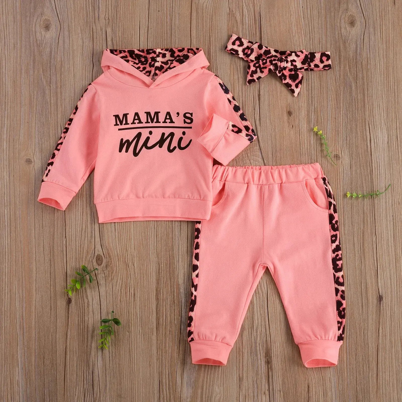 Infant Baby Girl 3 - Piece Outfit Set - Hooded T-shirt, Long Pants, and Headband - Letter Print, Leopard Stitching - Spring/Fall Clothes - Honesty Sales
