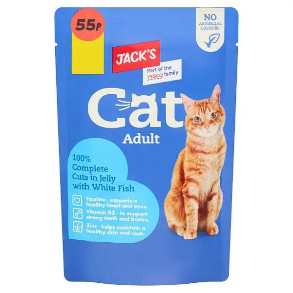 Jack's Cat Adult 100% Complete Cuts in Jelly with White Fish 100g (Case of 24) - Honesty Sales