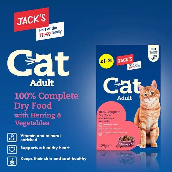 Jack's Cat Adult 100% Complete Dry Food with Herring & Vegetables 425g (Case of 8) - Honesty Sales