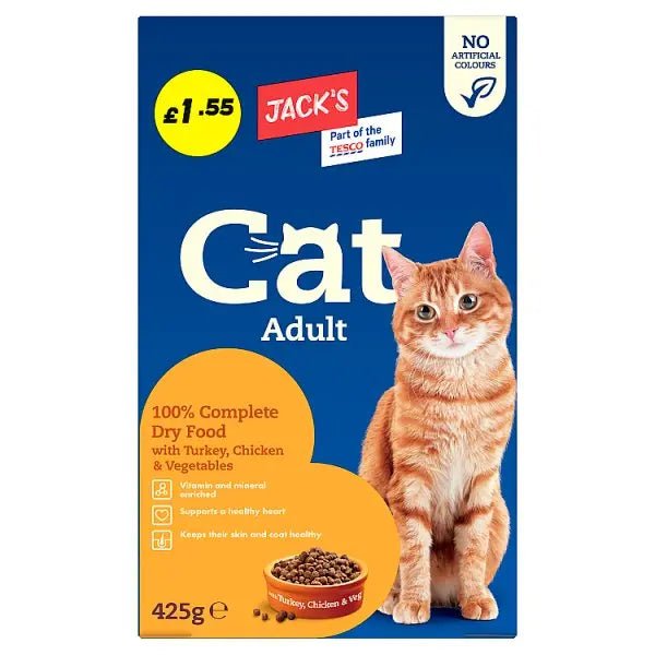 Jack's Cat Adult 100% Complete Dry Food with Turkey, Chicken & Vegetables 425g (Case of 8) - Honesty Sales