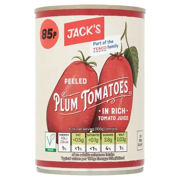 Jack's Peeled Plum Tomatoes in Rich Tomato Juice 400g (Case of 12) - Honesty Sales