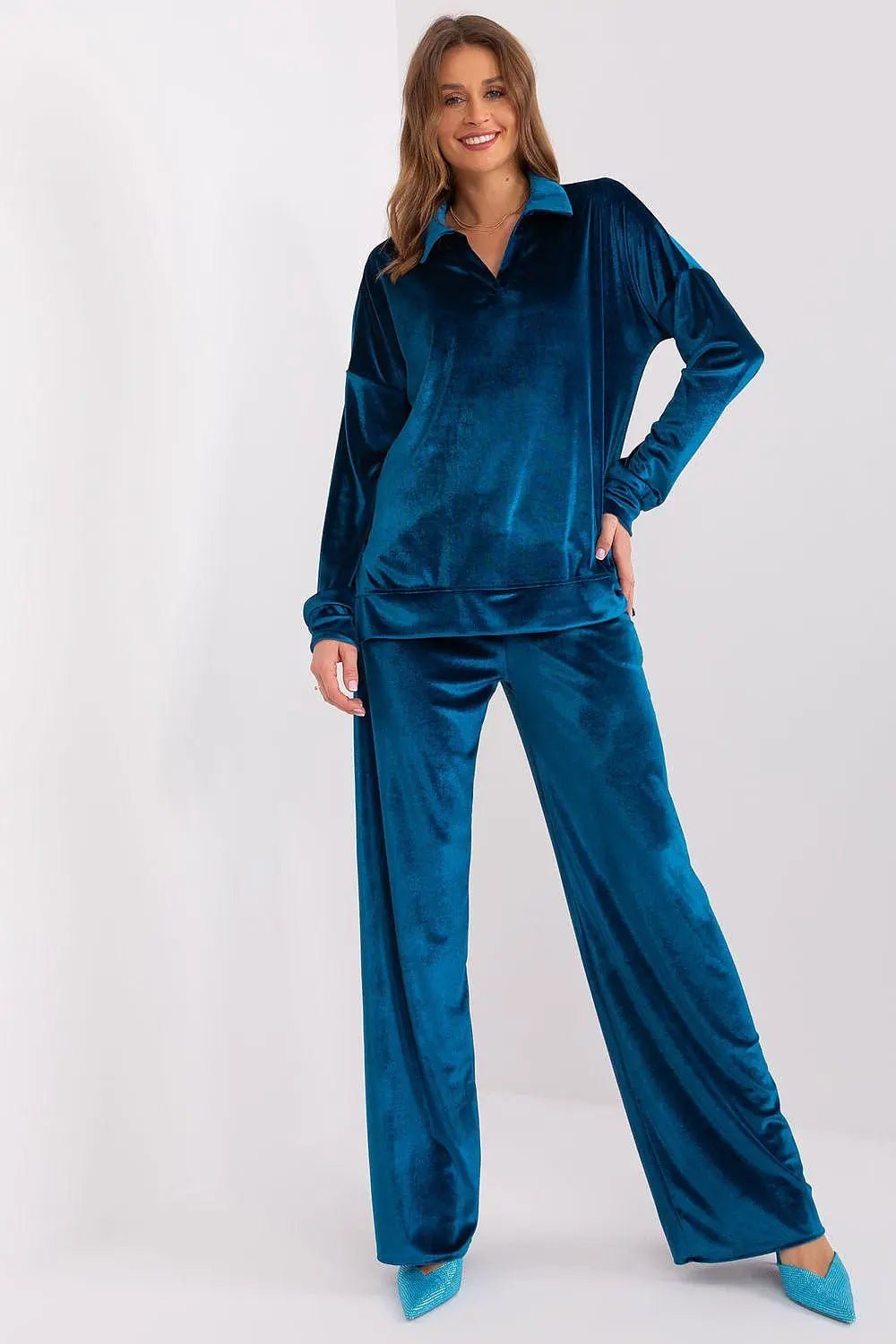 Lakerta stylish velour long-sleeve blouse with pants - Honesty Sales