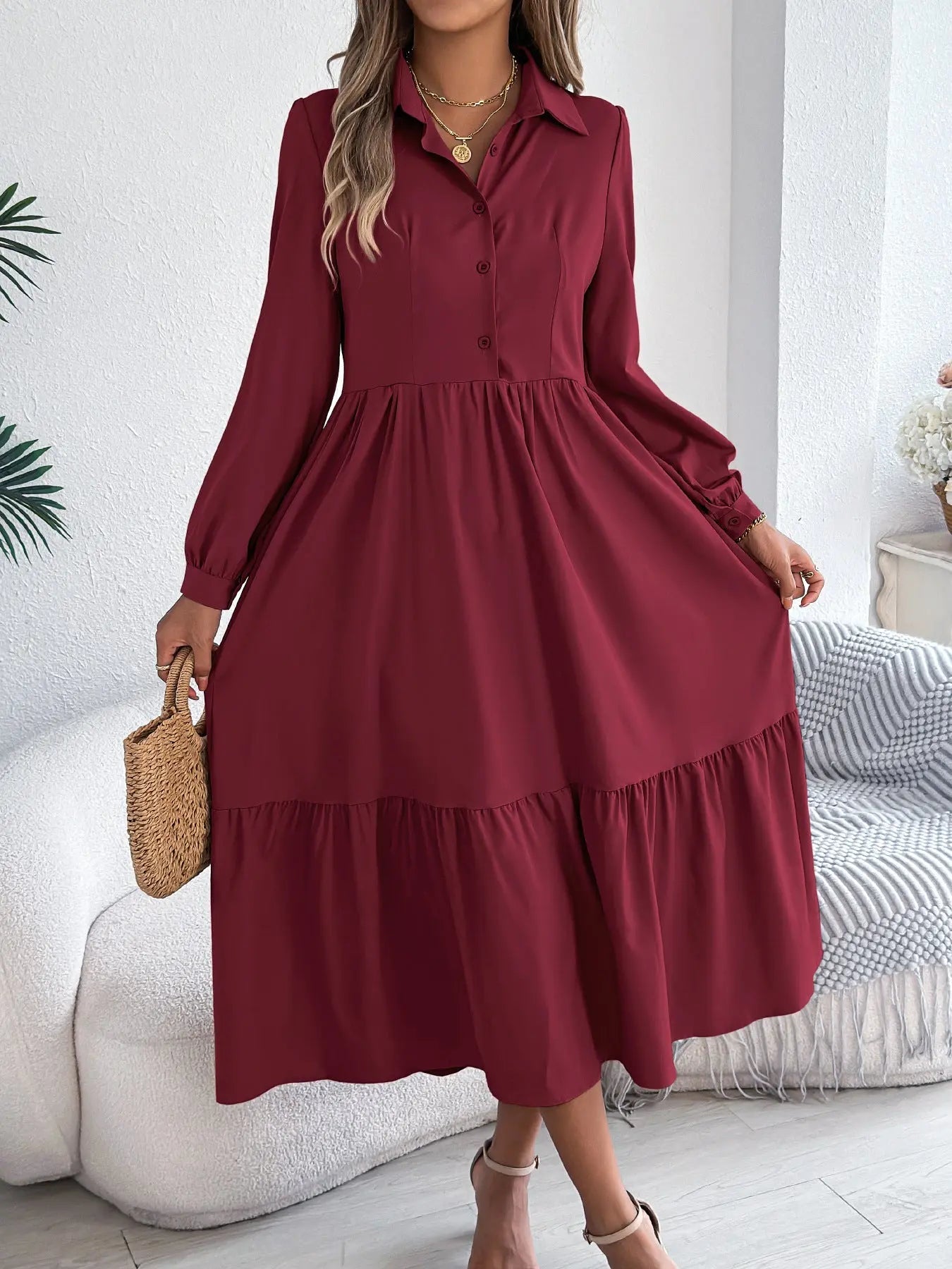 Lapel Casual Loose Long Sleeve Ruffled Shirt Dress - Honesty Sales