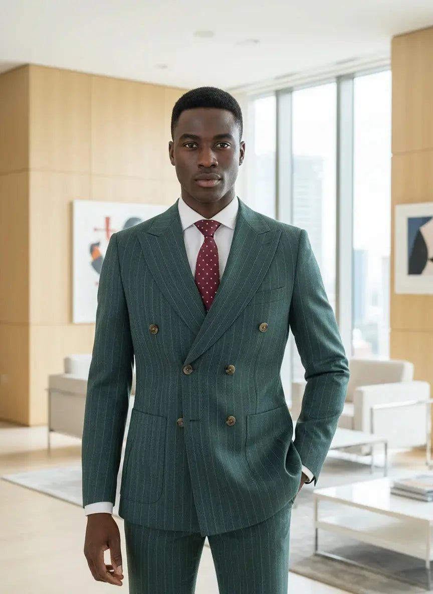 Men’s 2 - Piece Double - Breasted Stripe Suit – Green Wedding, Business & Office Wear - Honesty Sales