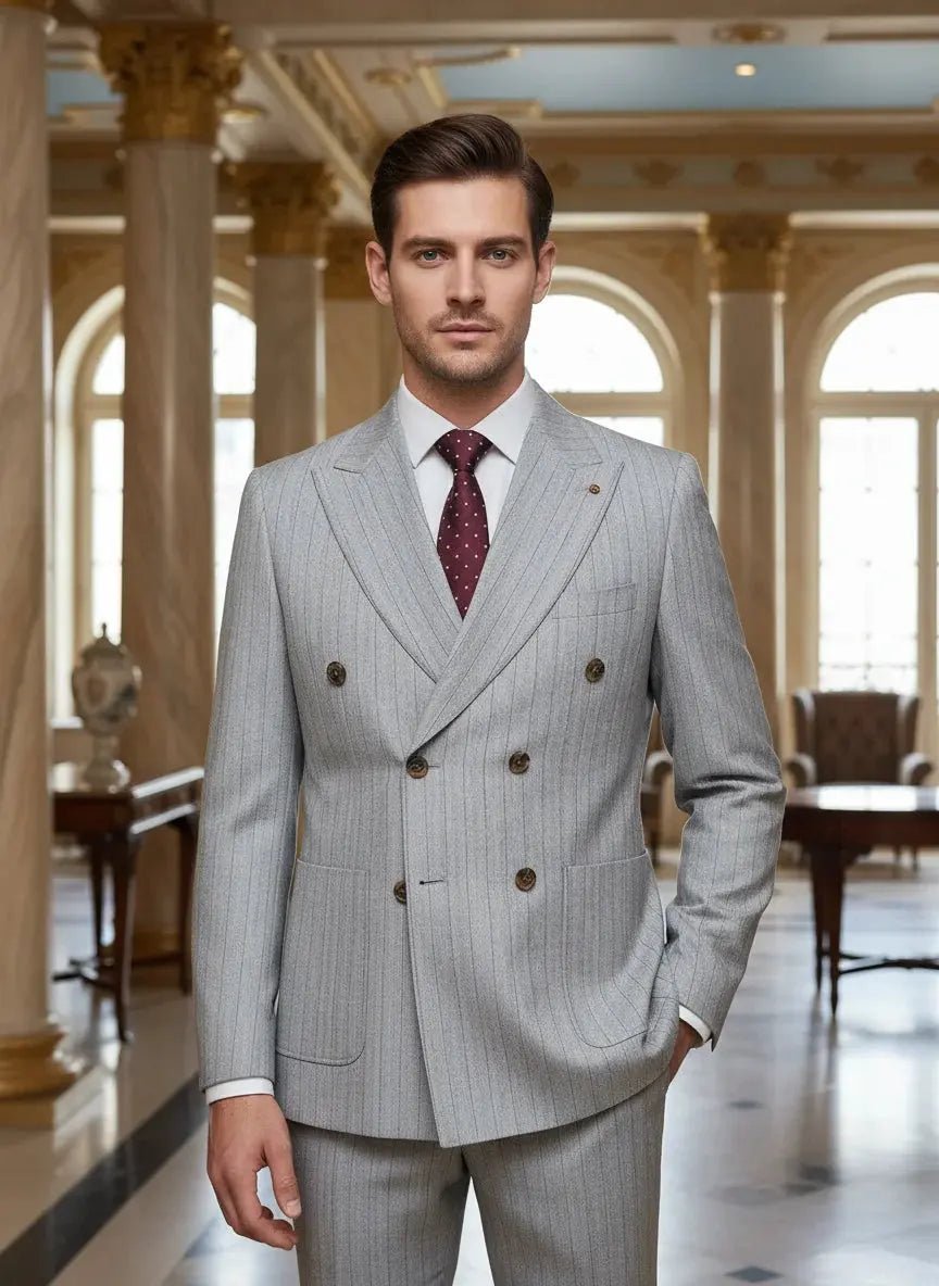 Men’s 2 - Piece Double - Breasted Stripe Suit – Jacket & Pants, Wedding, Business & Office Wear (Gray) - Honesty Sales