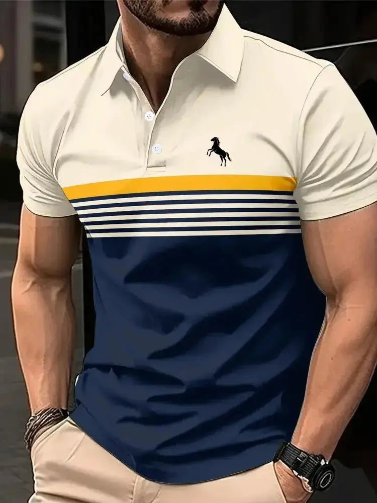 Men's 3D Horse Print Polo Shirt – Short Sleeve Striped Color Block Golf Shirt, Casual Sporty Summer Top - Honesty Sales