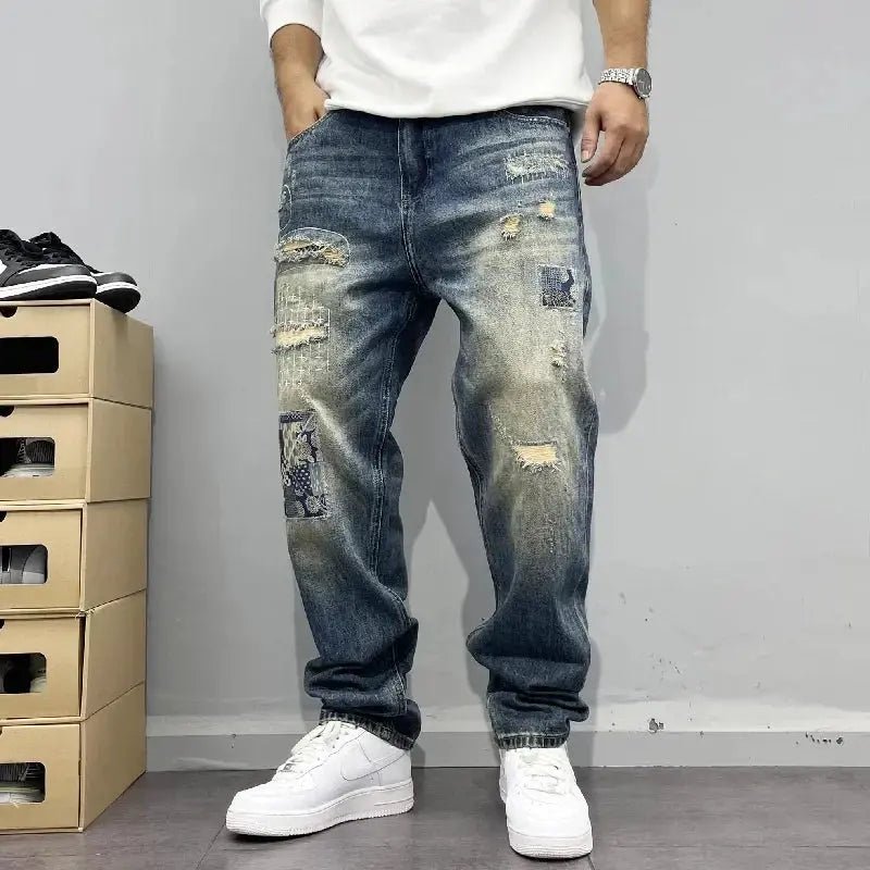 Men’s Baggy Patchwork Jeans – Vintage Distressed Straight Loose Pants - Honesty Sales