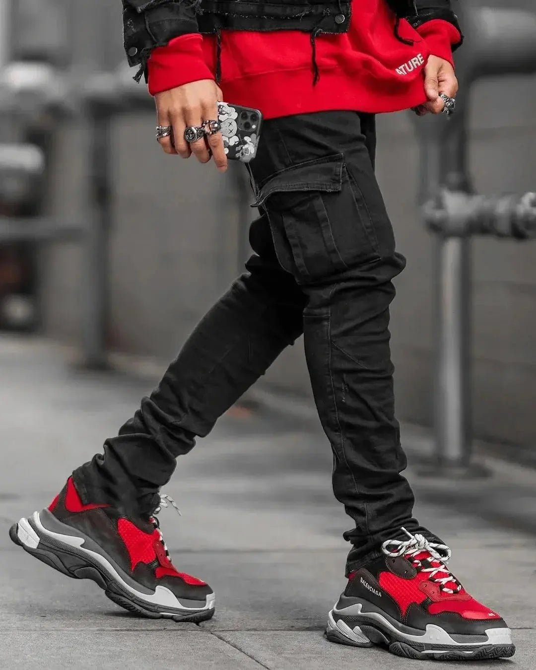 Men's Black Stretch Cargo Jeans – Zipper Pockets, Slim Fit Streetwear - Honesty Sales