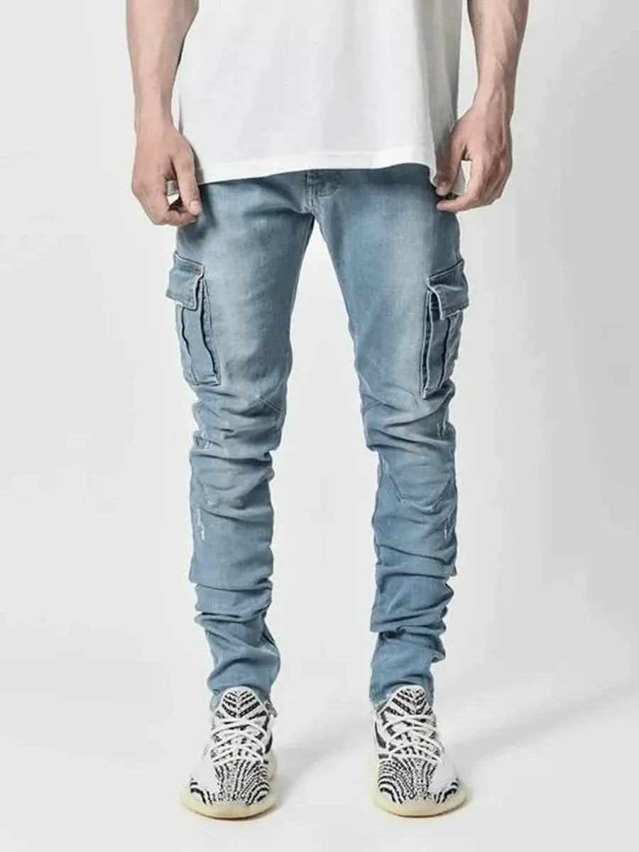 Men's Black Stretch Cargo Jeans – Zipper Pockets, Slim Fit Streetwear - Honesty Sales