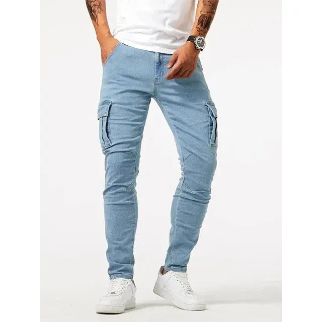 Men's Elastic Denim Cargo Pants – Multi - Pocket Slim Fit Joggers - Honesty Sales
