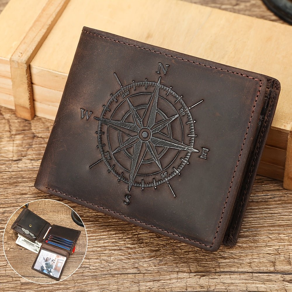 Men’s Genuine Crazy Horse Leather Clutch Wallet – Vintage Compass Design, Top - Grain Cowhide Bi - Fold Card Holder - Honesty Sales