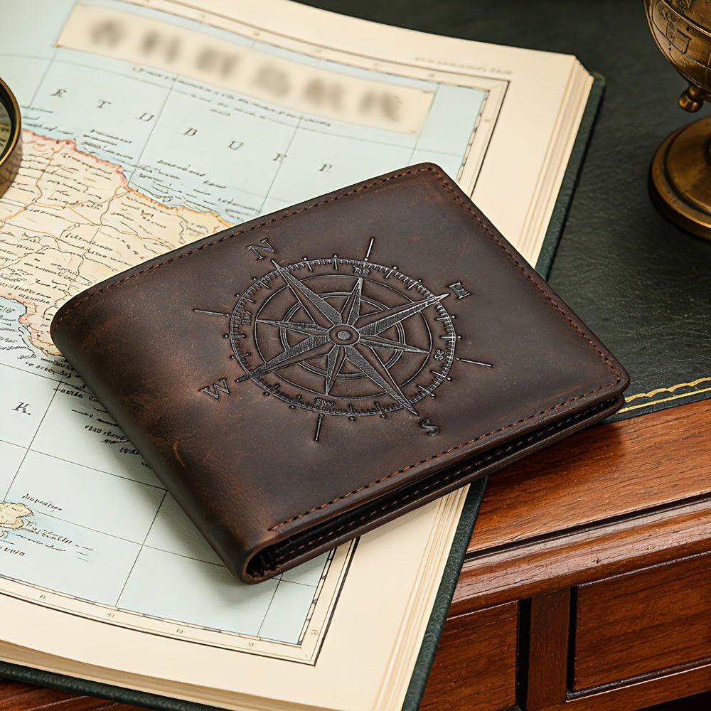 Men’s Genuine Crazy Horse Leather Clutch Wallet – Vintage Compass Design, Top - Grain Cowhide Bi - Fold Card Holder - Honesty Sales