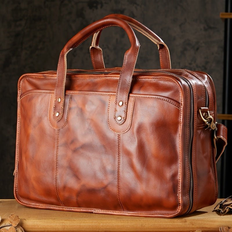 Men’s Genuine Full - Grain Leather Handbag – Hand - Colored Vintage Cowhide Laptop Briefcase (Light Beige) - Honesty Sales