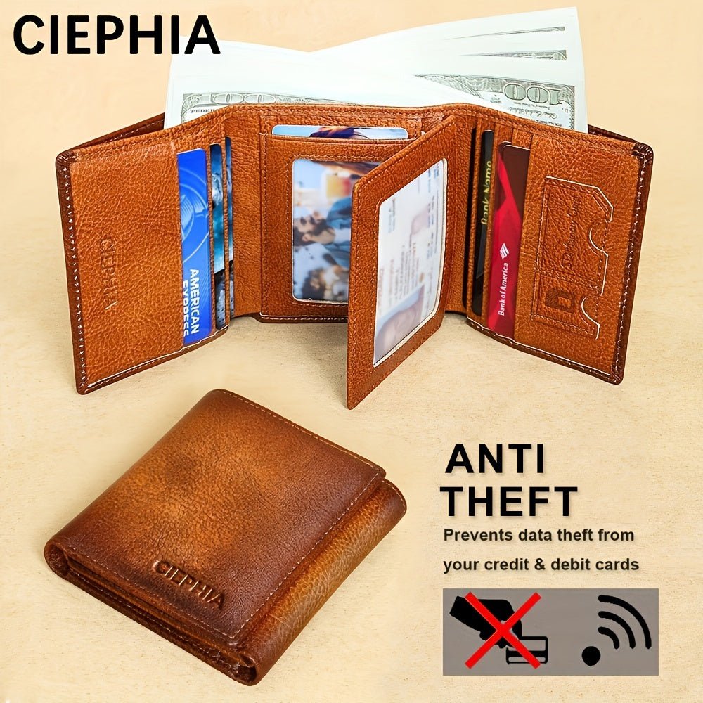 Men’s Genuine Leather Trifold Wallet – First - Layer Cowhide RFID Blocking with Multiple Card Slots & Money Clip - Honesty Sales