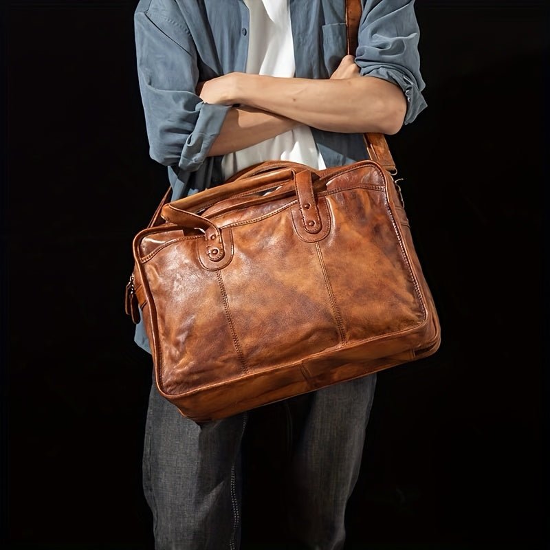 Men’s Genuine Top - Grain Leather Briefcase – Cowhide Tanned Laptop Bag with Crossbody Strap - Honesty Sales
