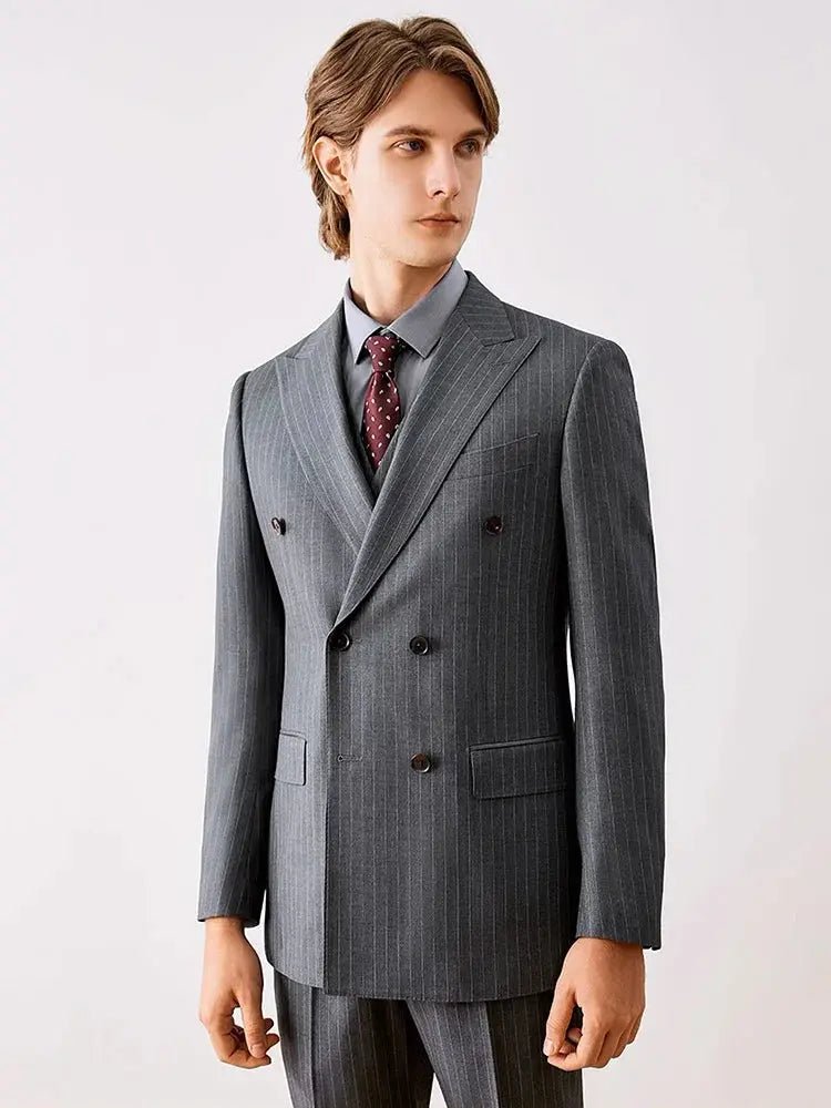 Men’s Grey Stripe Double - Breasted 3 - Piece Suit – 19% Wool, Wedding, Business & Office Wear - Honesty Sales