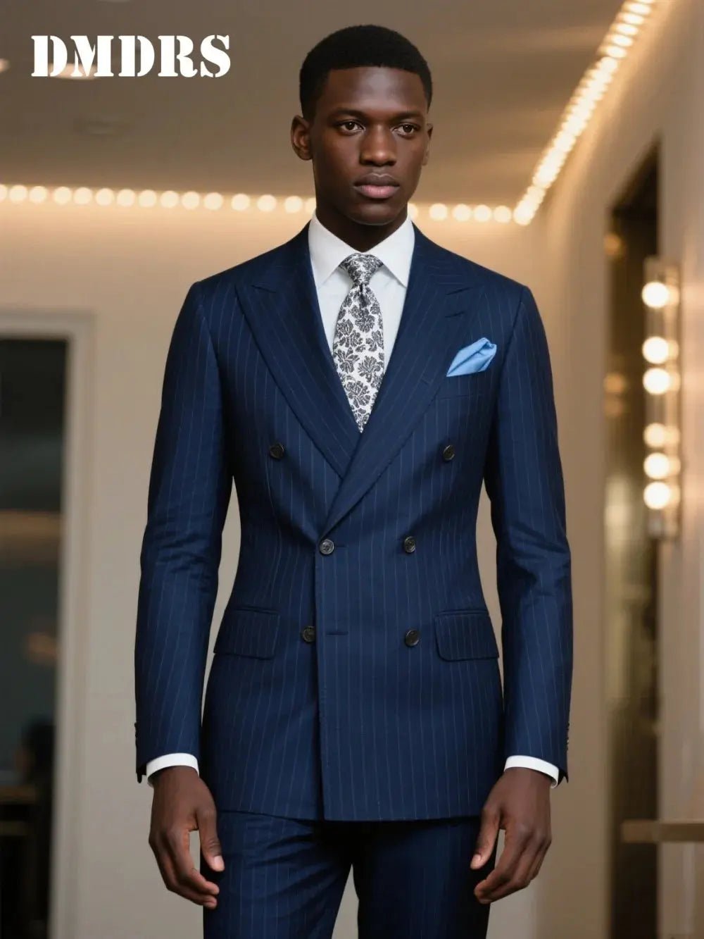 Men’s Navy Blue Pinstripe Double - Breasted Wedding Suit – 2 - Piece Formal Groom Set (Jacket & Trousers) - Honesty Sales