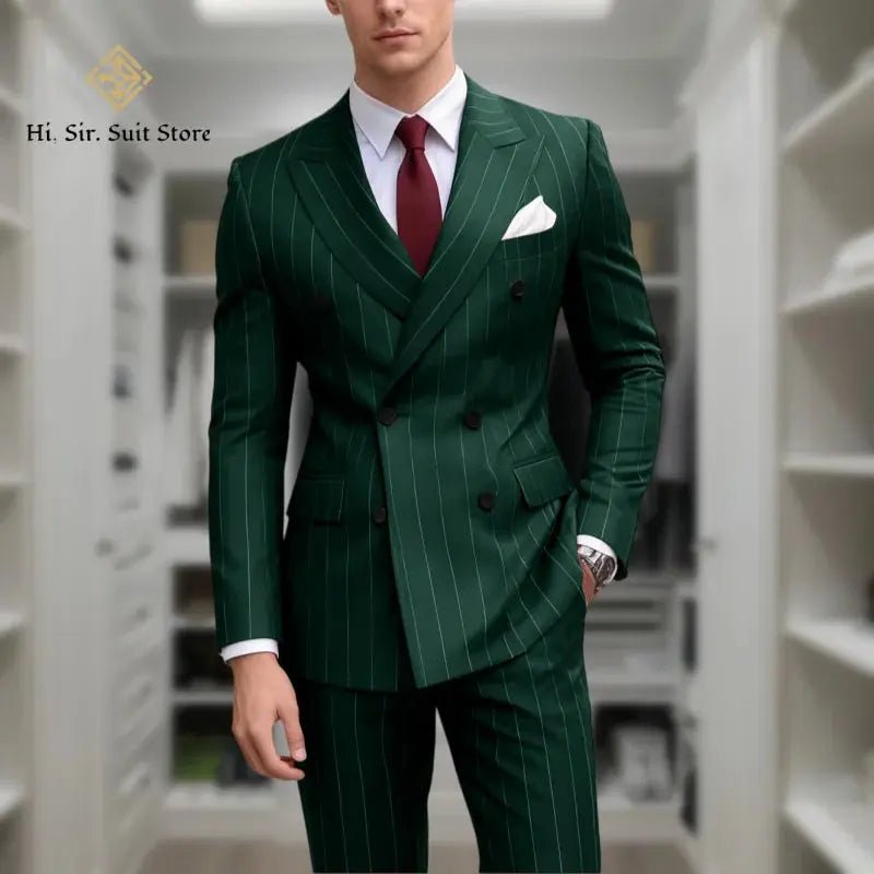 Men’s Plus Size Blue Striped Double - Breasted Suit – 2 - Piece Blazer Set (European & American Style) - Honesty Sales