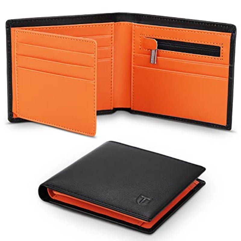 Men’s Slim Genuine Leather RFID Wallet – 11 Card Slots, Zipped Coin Pocket, Cash Compartments, Ultra - Thin Minimalist (Black & Orange) - Honesty Sales