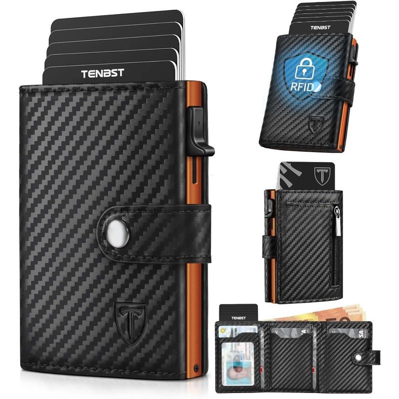 Men’s Slim RFID Wallet – Pop - Up Card Holder, 10 - Slot Credit Card Case with Coin Pocket & Window, Carbon Fiber Money Clip (Black, 10.5×8.5×2.8cm) - Honesty Sales