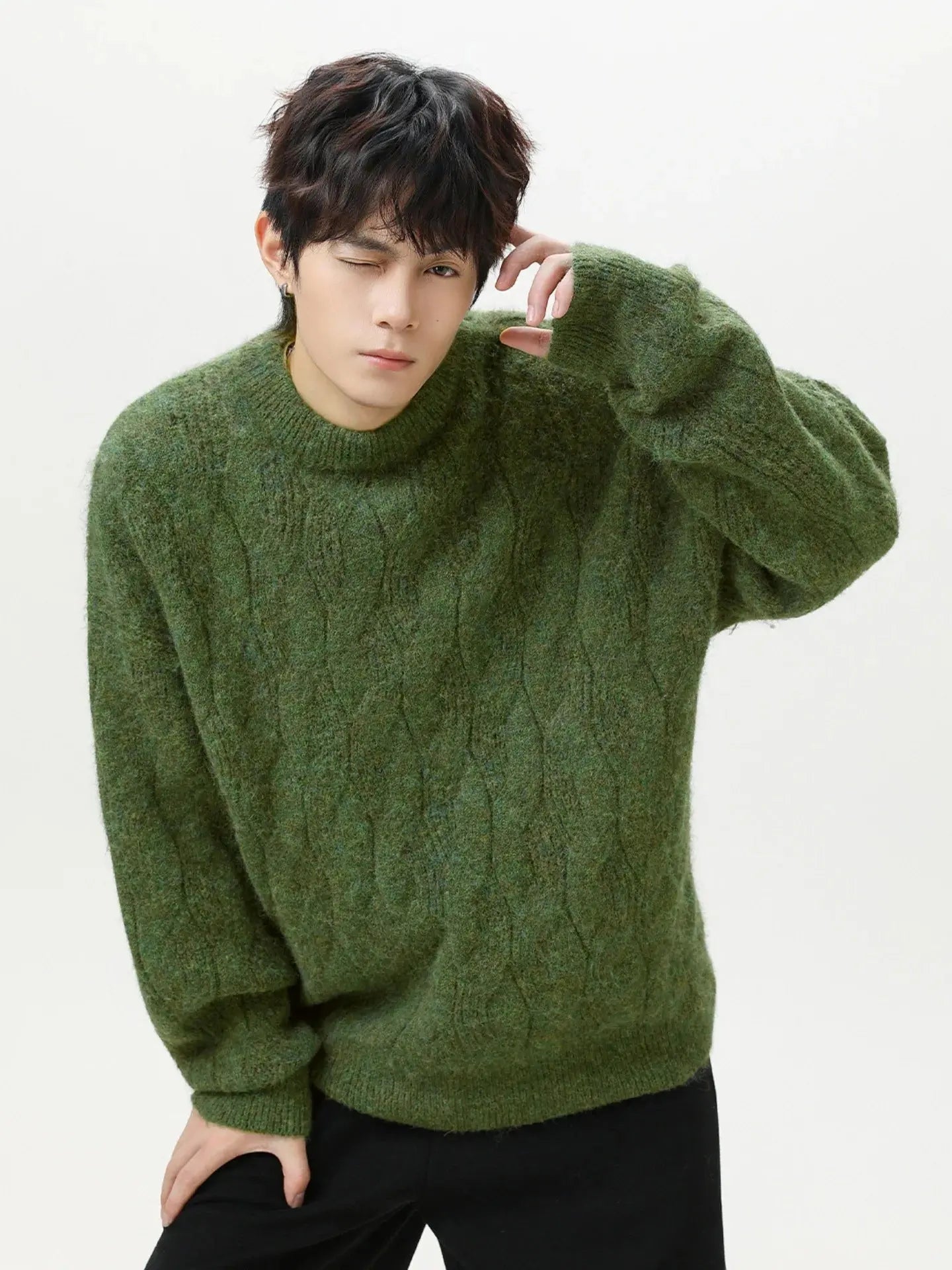 Men’s Thick Mohair Crew Neck Sweater – Autumn/Winter Oversized Knitwear - Honesty Sales