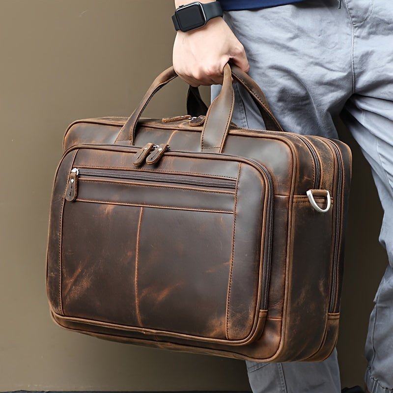 Men’s Top - Grain Leather Business Briefcase – Laptop Messenger Bag with Detachable Strap - Honesty Sales