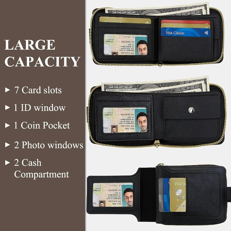 Men’s Vintage Full - Grain Leather Wallet – Large - Capacity Multi - Slot Organizer with Coin Pocket & ID Window (Brown, Elegant Design) - Honesty Sales