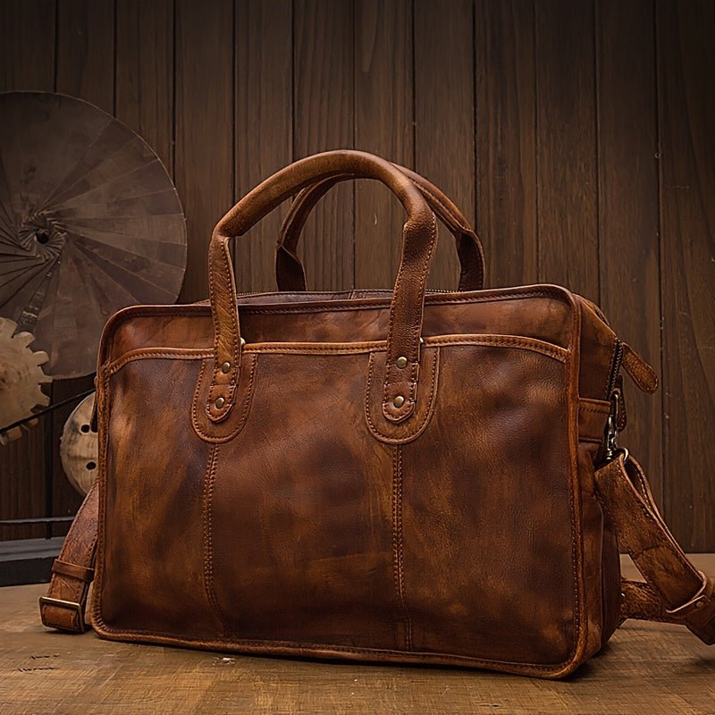 Men’s Vintage Genuine Leather Briefcase – Hand - Polished Top - Grain Laptop Bag - Honesty Sales