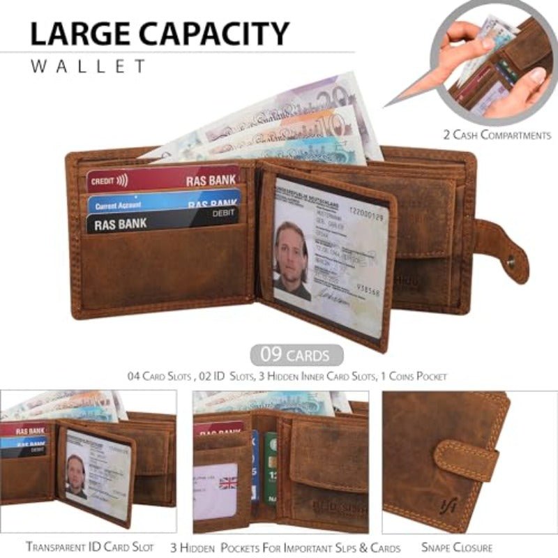 Men’s Vintage RFID Blocking Wallet – Full - Grain Leather Bifold with Card Holder, ID Window & Coin Pocket (Brown 1065, Gift Boxed) - Honesty Sales