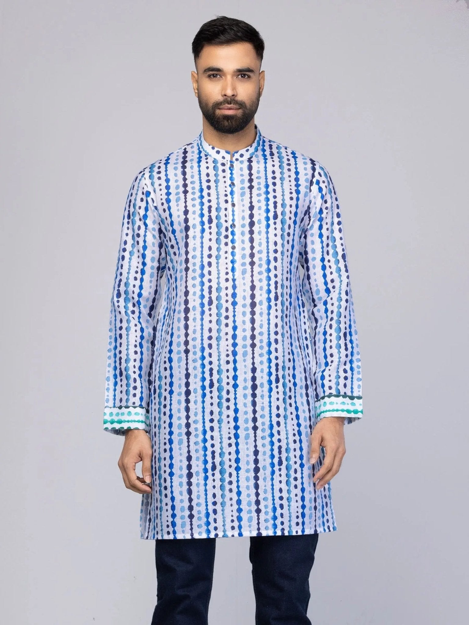Men's White Printed Mixed Cotton Slim Fit Short Kurta - Honesty Sales
