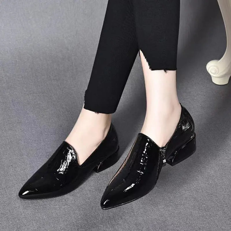 New Genuine Leather Pointed - toe Chunky Heel Shoes Women - Honesty Sales