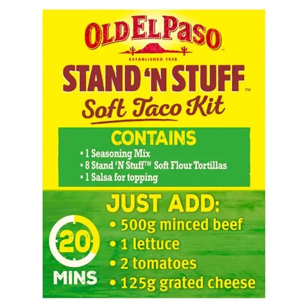 Old El Paso Stand 'N Stuff Smoky BBQ Taco Boat Kit 350g (Case of 4) - Honesty Sales