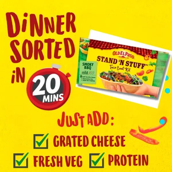 Old El Paso Stand 'N Stuff Smoky BBQ Taco Boat Kit 350g (Case of 4) - Honesty Sales