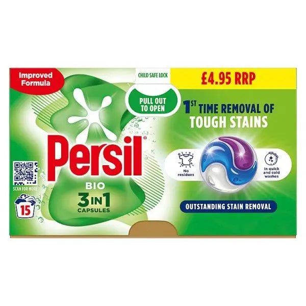 Persil 3 in 1 Washing Capsules Bio 15 Washes (Case of 4) - Honesty Sales