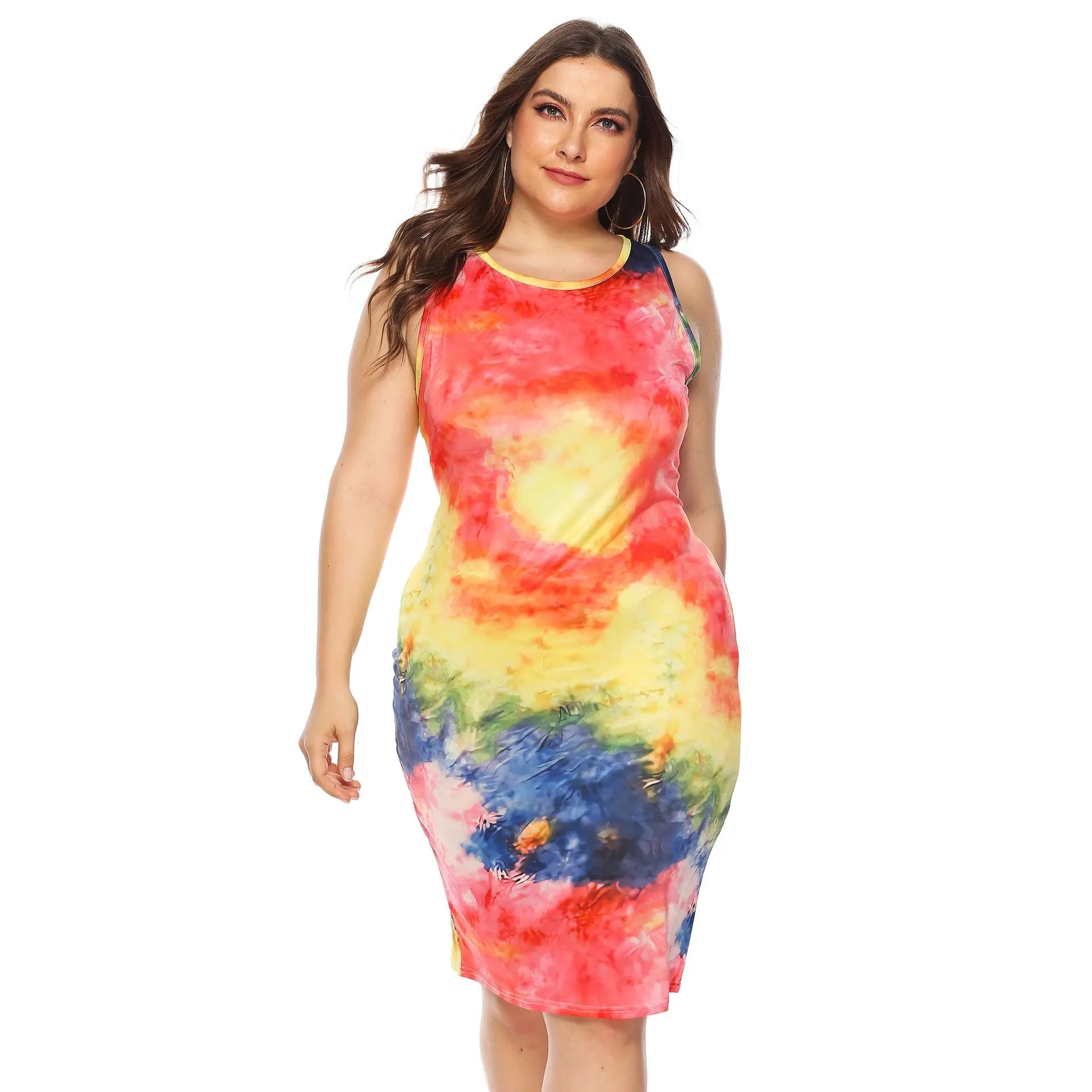 Plus Size Women's Colorful Tie - dyed Color Non - positioning Vest Slim - fit Sheath Dress - Honesty Sales