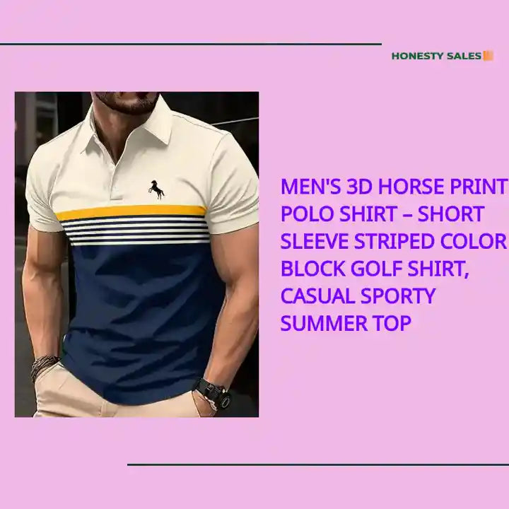 Men's 3D Horse Print Polo Shirt – Short Sleeve Striped Color Block Golf Shirt, Casual Sporty Summer Top by@Outfy