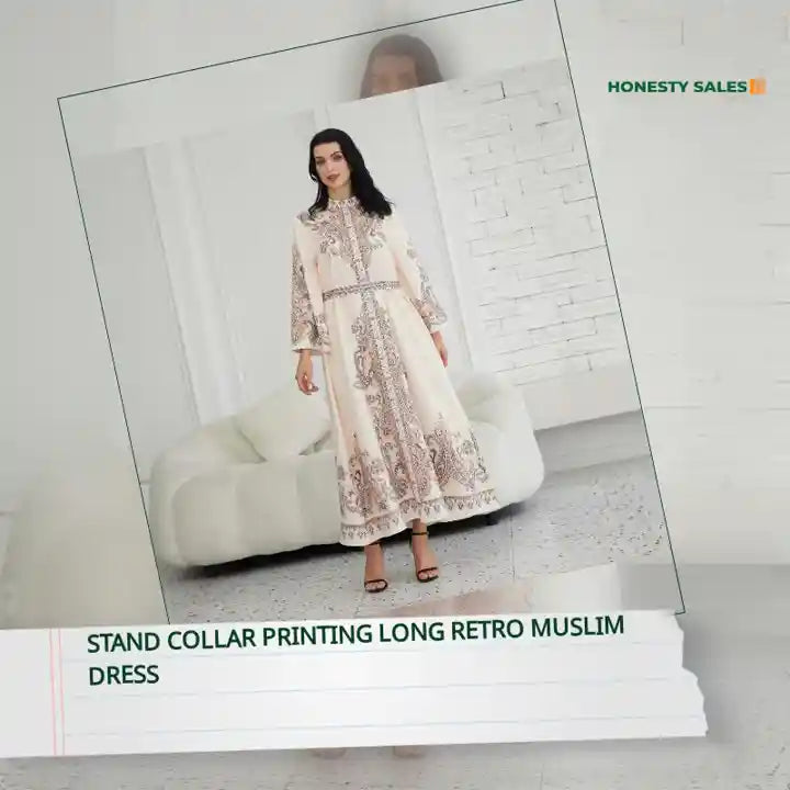 Stand Collar Printing Long Retro Muslim Dress by@Outfy