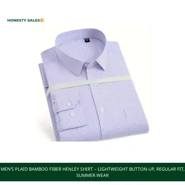 Men’s Plaid Bamboo Fiber Henley Shirt – Lightweight Button-Up, Regular Fit, Summer Wear by@Outfy