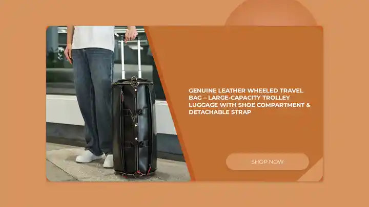 Genuine Leather Wheeled Travel Bag – Large-Capacity Trolley Luggage with Shoe Compartment & Detachable Strap by@Outfy