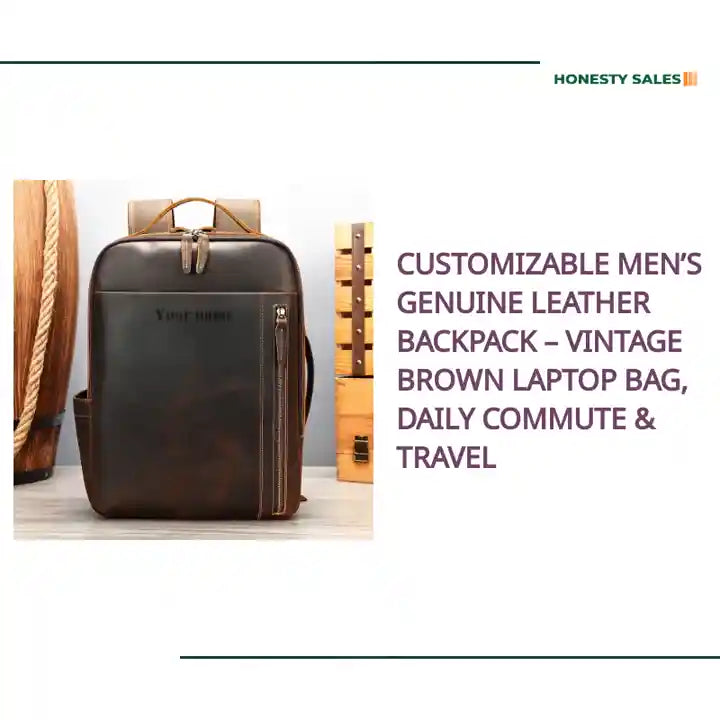 Customizable Men’s Genuine Leather Backpack – Vintage Brown Laptop Bag, Daily Commute & Travel by@Outfy