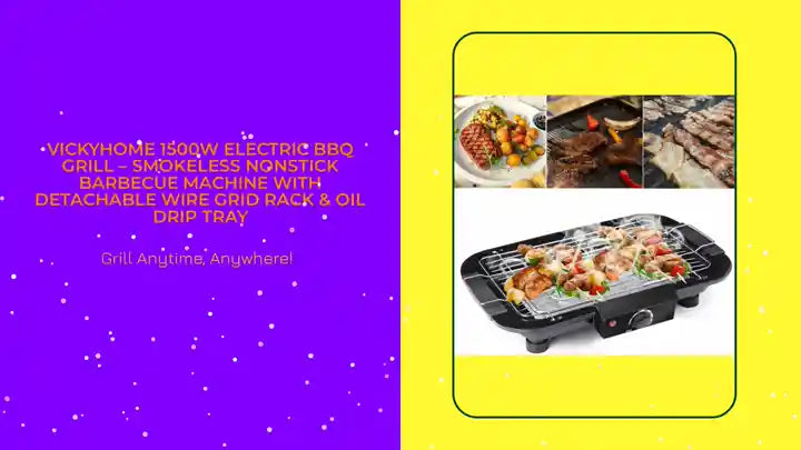 VickyHome 1500W Electric BBQ Grill – Smokeless Nonstick Barbecue Machine with Detachable Wire Grid Rack & Oil Drip Tray by@Outfy