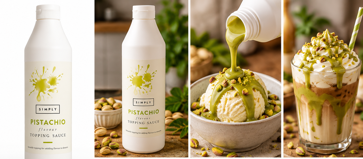 Simply Pistachio Flavour Topping Sauce 1kg studio and dessert lifestyle scenes