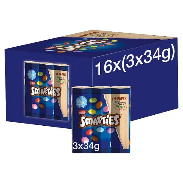 Smarties Milk Chocolate Tube 3 Pack Multipack 102g (Case of 16) - Honesty Sales