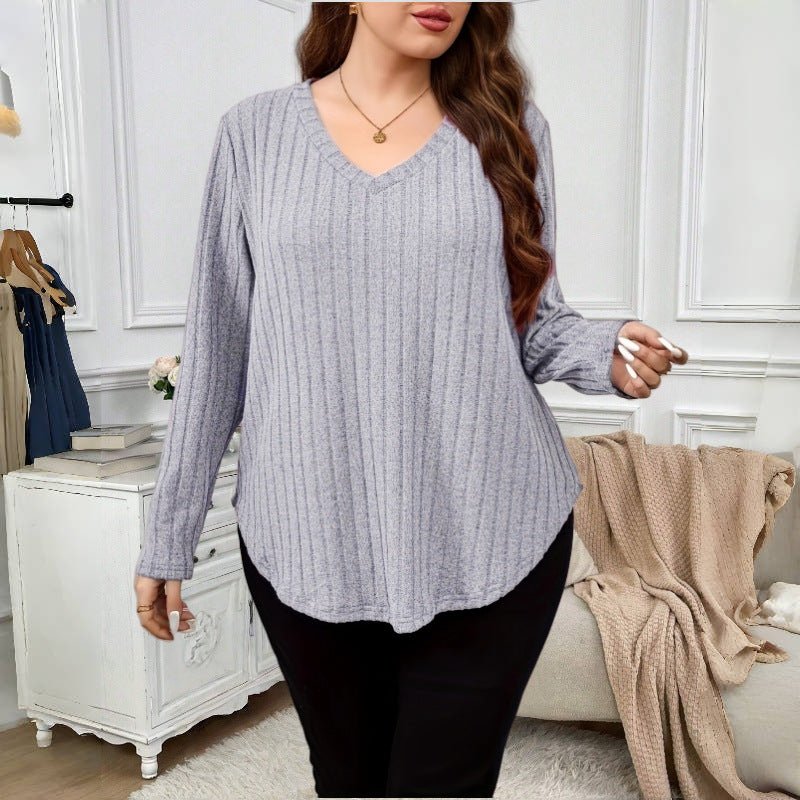 Solid-color Loose-fitting V-neck Long-sleeve Ribbed Top - Honesty Sales