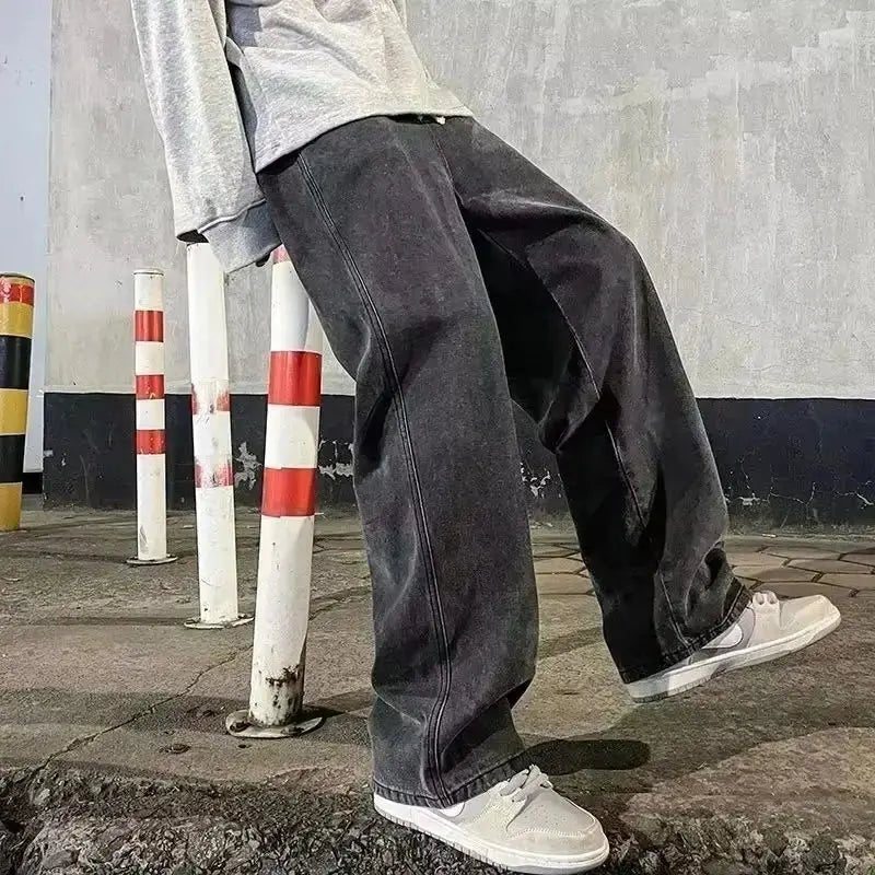 Streetwear Loose Jeans Men Korean Style Fashion Loose Straight Wide Leg Pants Men's Brand Clothing Black Light Blue - Honesty Sales