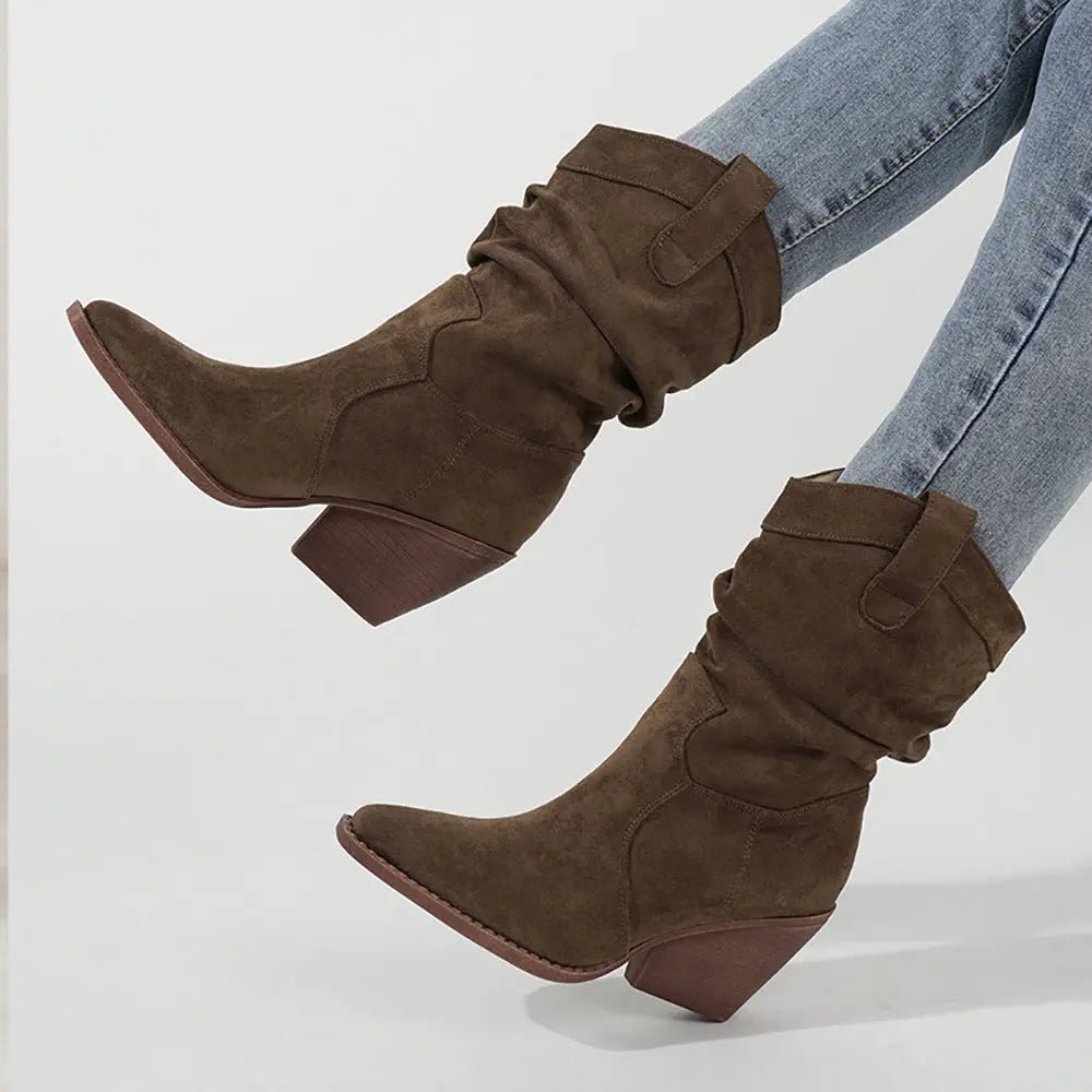 Thick Heel Brown High Heels Women's Ankle Boots - Honesty Sales