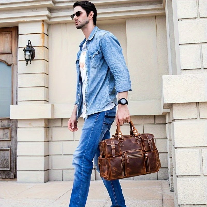 Vintage Men’s Full - Grain Leather Briefcase – 40.6cm Laptop Business Travel Bag with Shoulder Strap - Honesty Sales